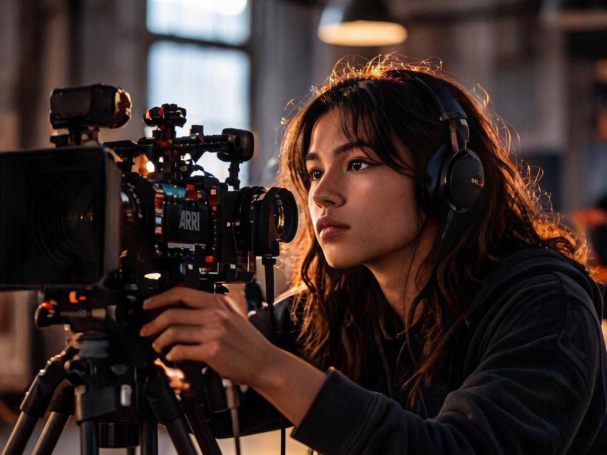 Students operate camera and sound gear.