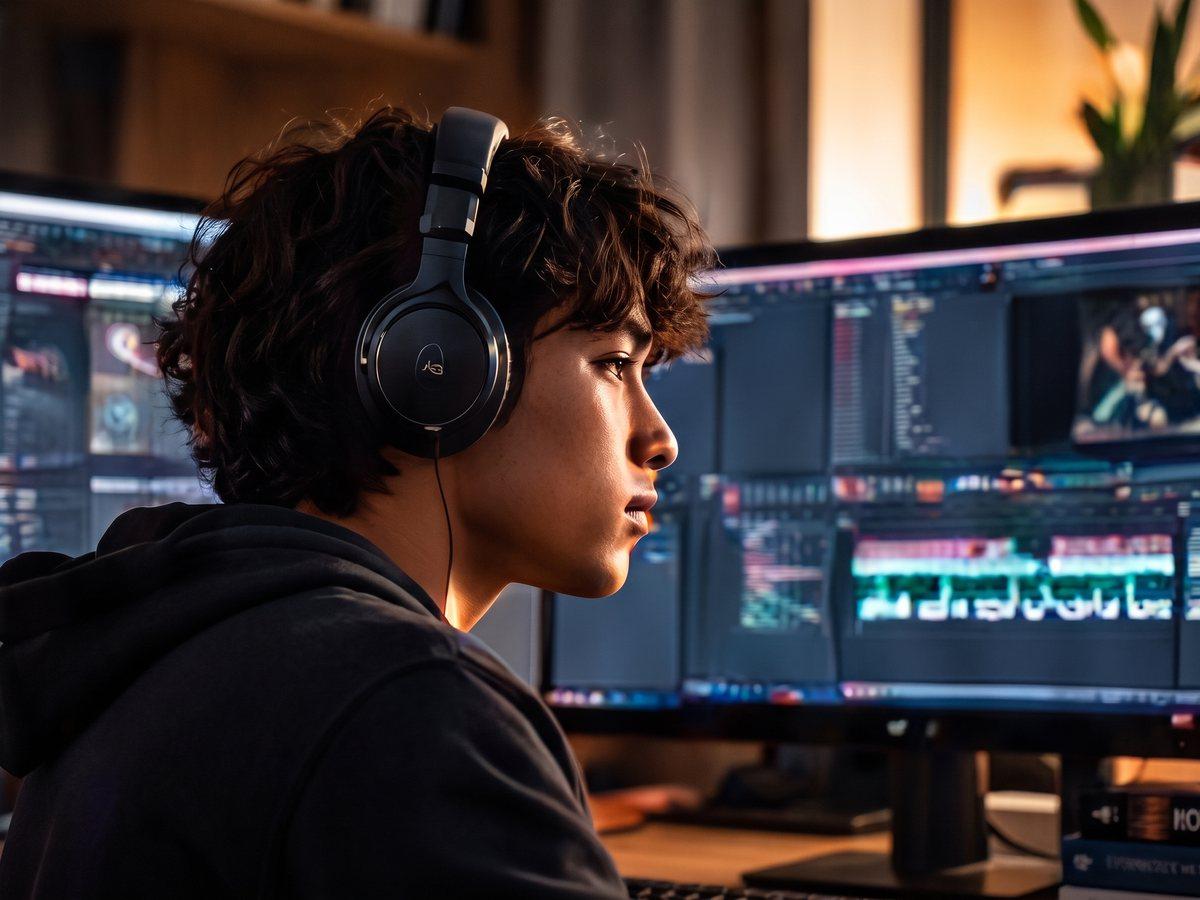 A student edits footage.