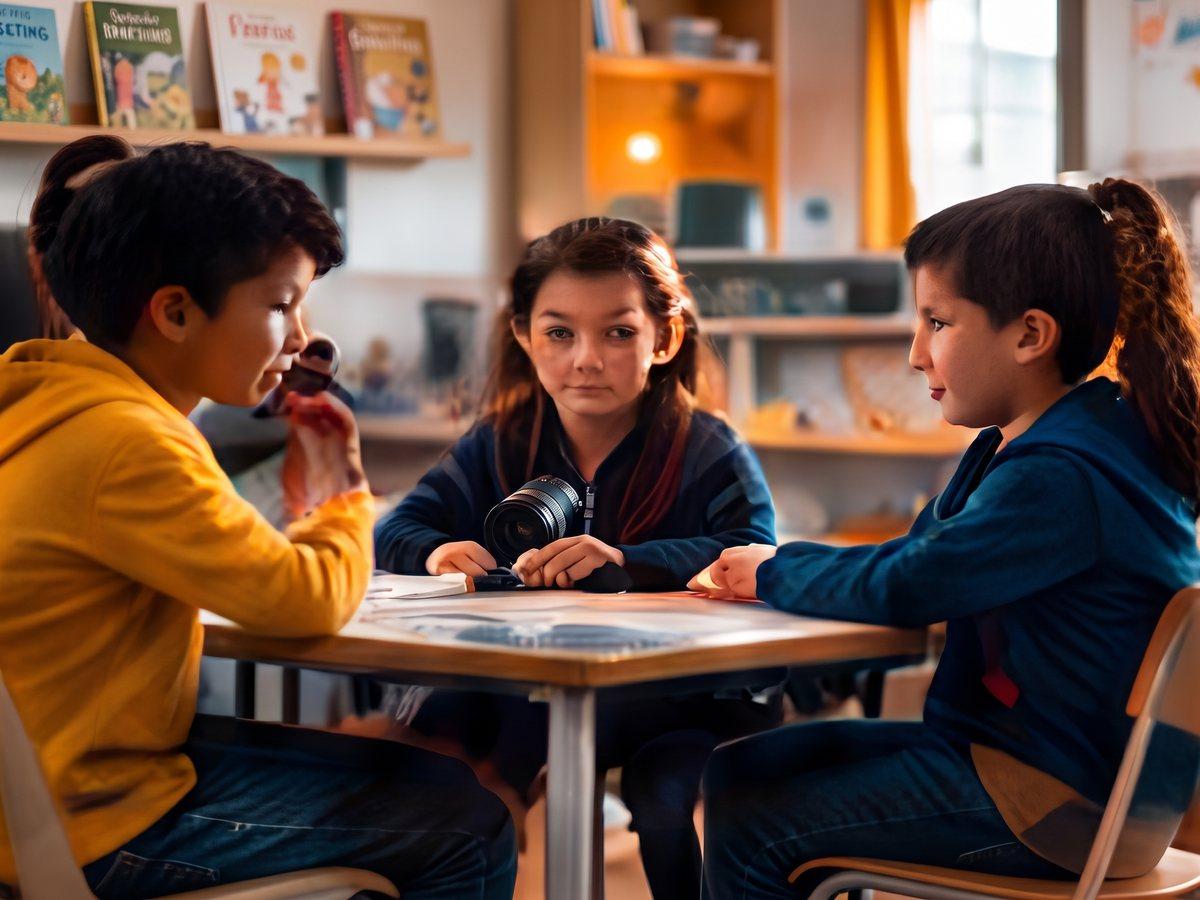 Students collaborate around a table.