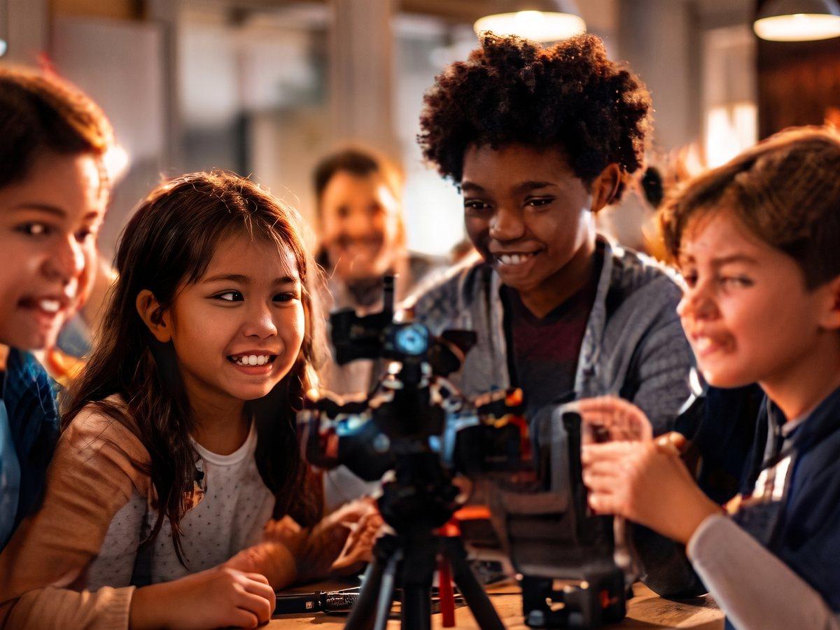 Students film a short scene together.