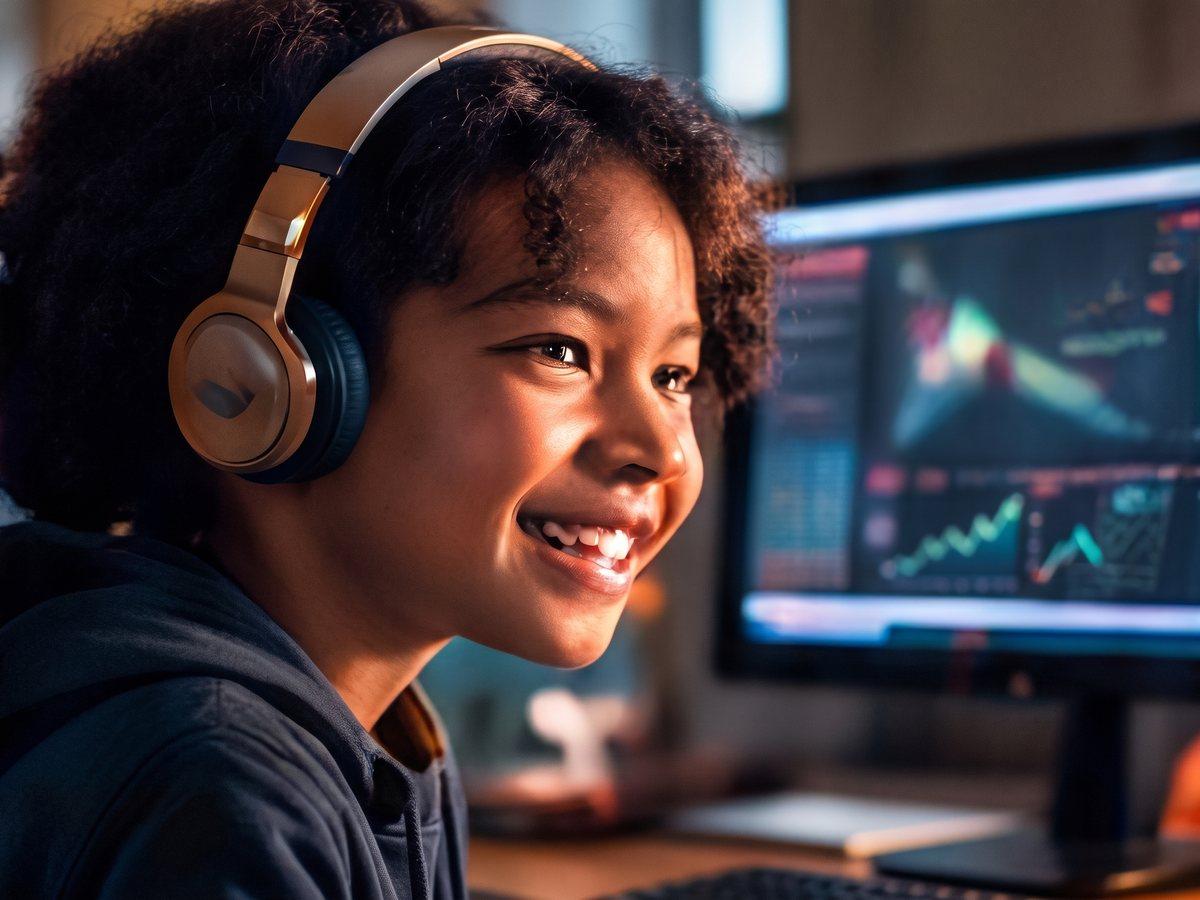 A student with headphones reviews footage.